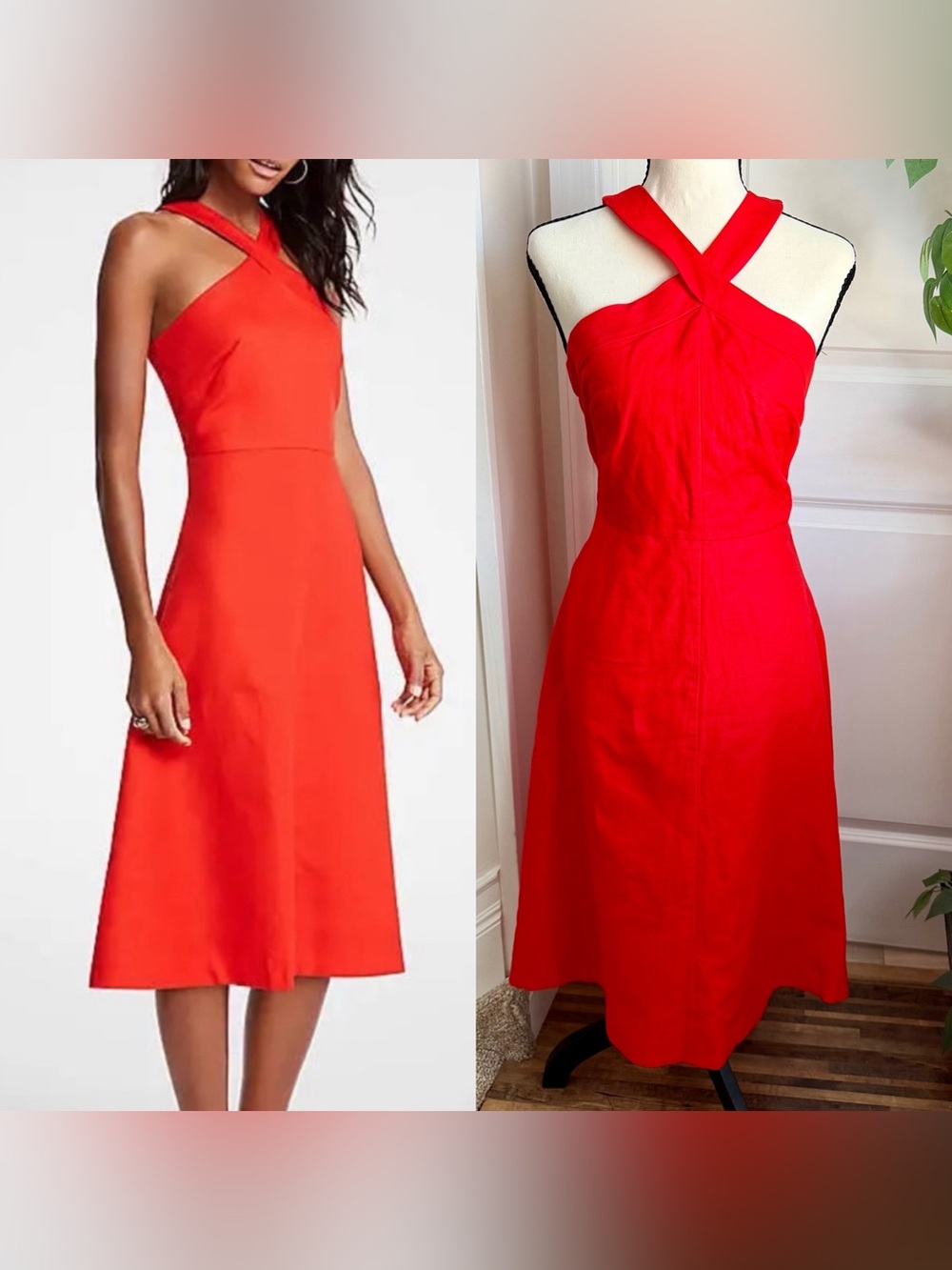 Ann Taylor Molten Lava Linen Blend Cross Neck Halter Midi Dress Red Sz 0